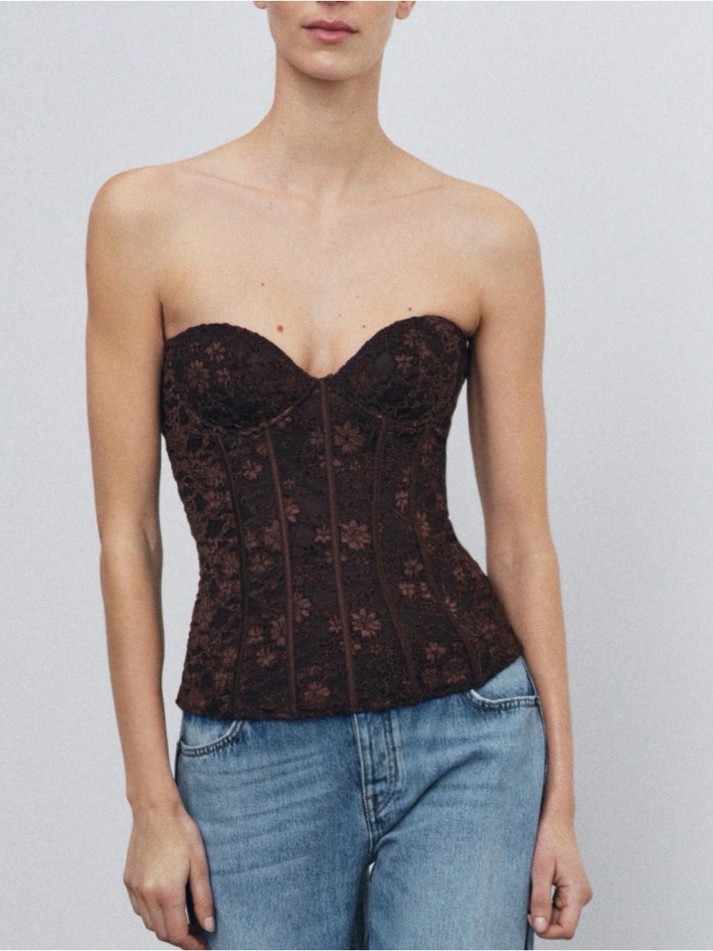 Zara Brown Floral Lace Strapless Corset Top